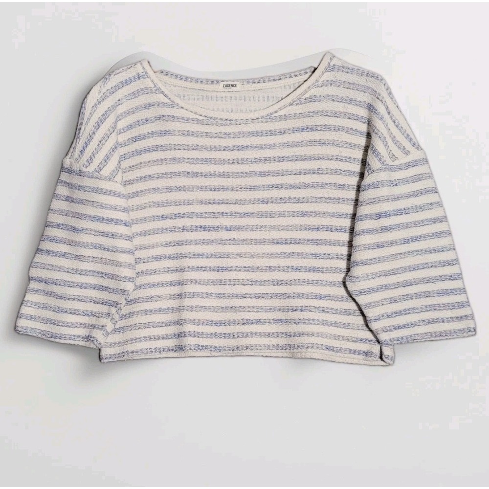 L'AGENCE Crop Boxy Knit Sweater Blue Stripe Silver Thread Half Sleeve Sz S